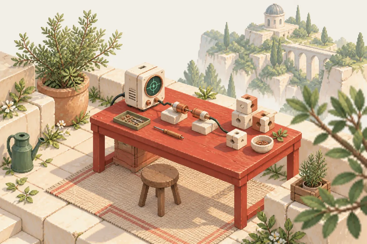An illustrated repair workbench joining two connectors in a sunlit garden